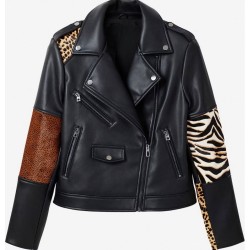 womens black printed pure leather jacket