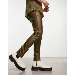 leather look skinny trousers in khaki