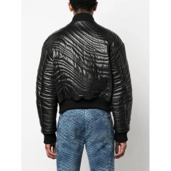 trendy stripe-quilted leather bomber jacket