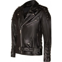 Leather Retro Biker Jacket with Fringe Trim