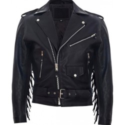 Leather Retro Biker Jacket with Fringe Trim