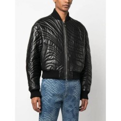 Trendy stripe-quilted leather bomber jacket