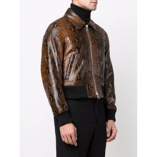 stylish snakeskin effect zip-up leather jacket